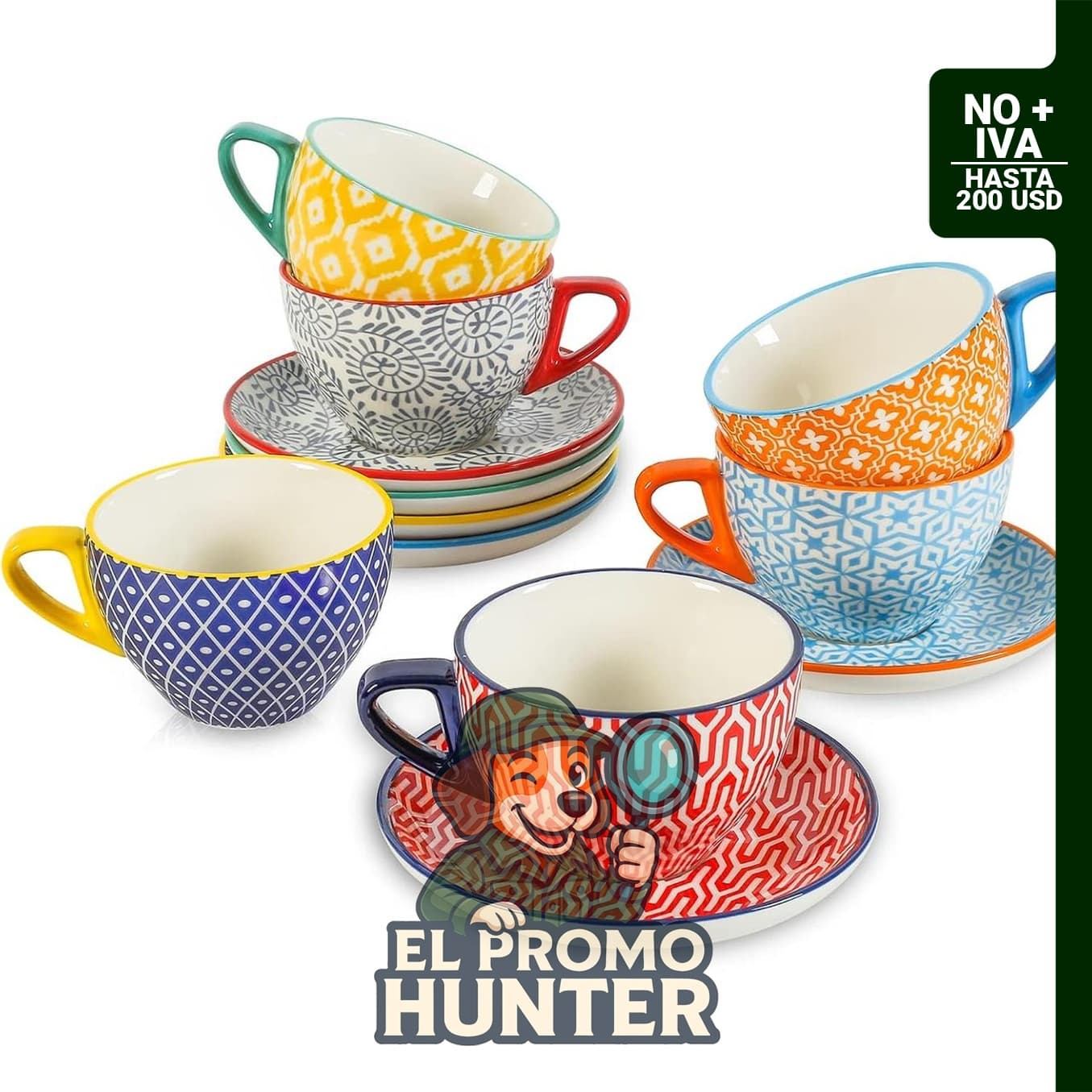 KitchenTour - Juego de 6 tazas y platillos de expreso, 7 oz, estilo bohemio.