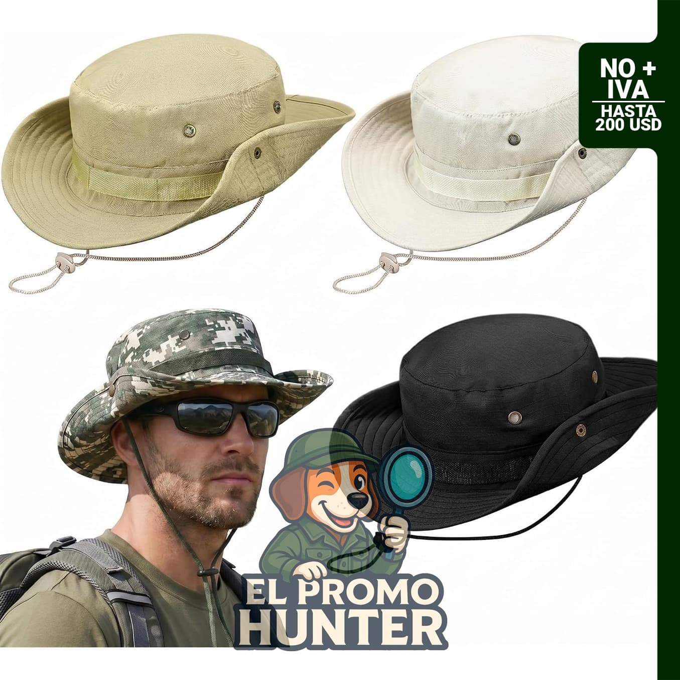 Sombreros Boonie Safari Tivi Tovo, paquete de 4, con ala ancha y correa para la barbilla.