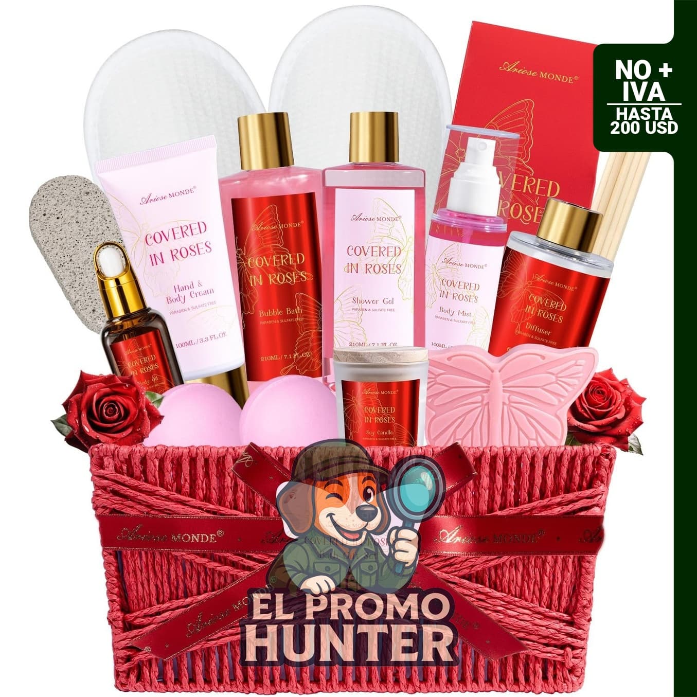 Canasta de regalo de spa relajante de 15 piezas con aroma a rosa y ámbar.