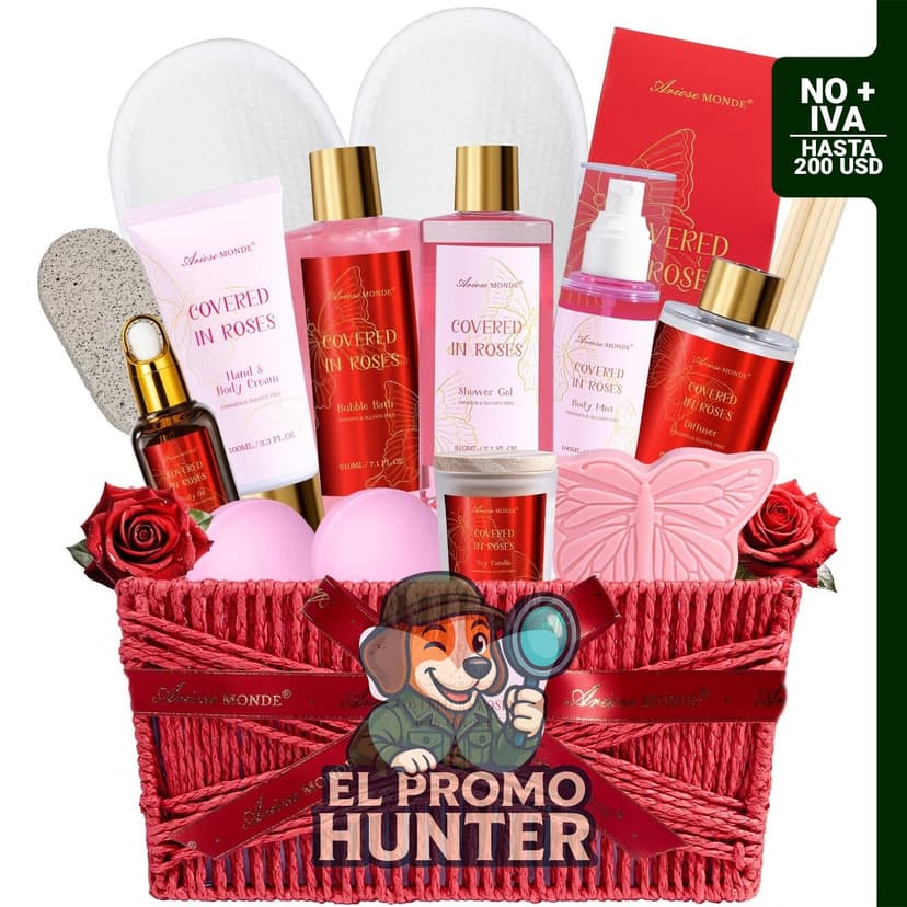Canasta de regalo de spa relajante de 15 piezas con aroma a rosa y ámbar.