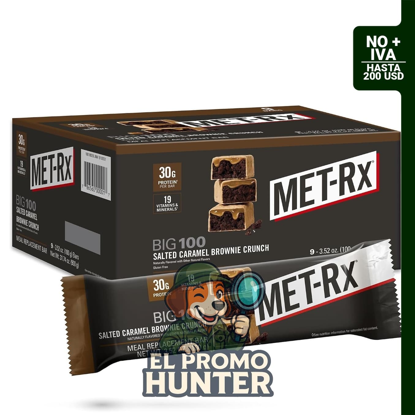 MET-Rx Big 100 Barra de Proteína, 30 g de proteína por barra, sabor Salted Caramel Brownie Crunch, 9 unidades de 100 g cada una.