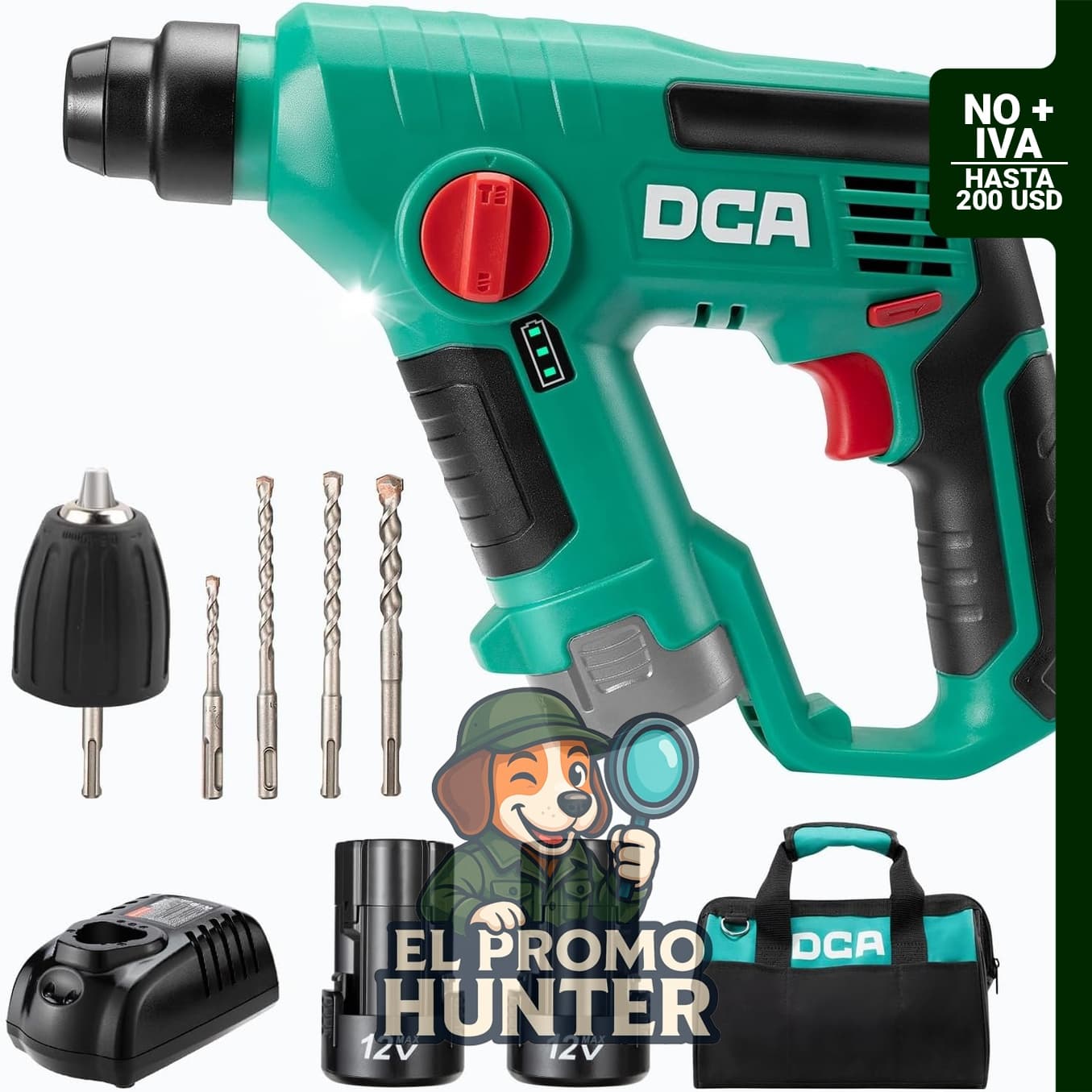 DCA Juego de Taladro Inalámbrico de 12V, martillo perforador SDS-Plus, 3-EN-1 con velocidad variable.