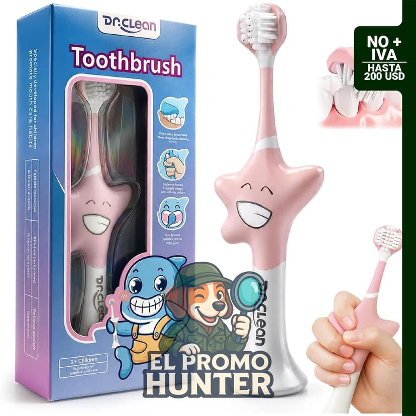 DR.CLEAN Cepillo de dientes de 3 caras para niños de 2 a 12 años, suave con mango patentado.