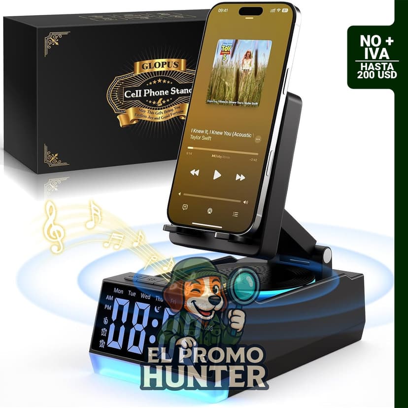 Altavoz Bluetooth portátil con soporte para teléfono celular.