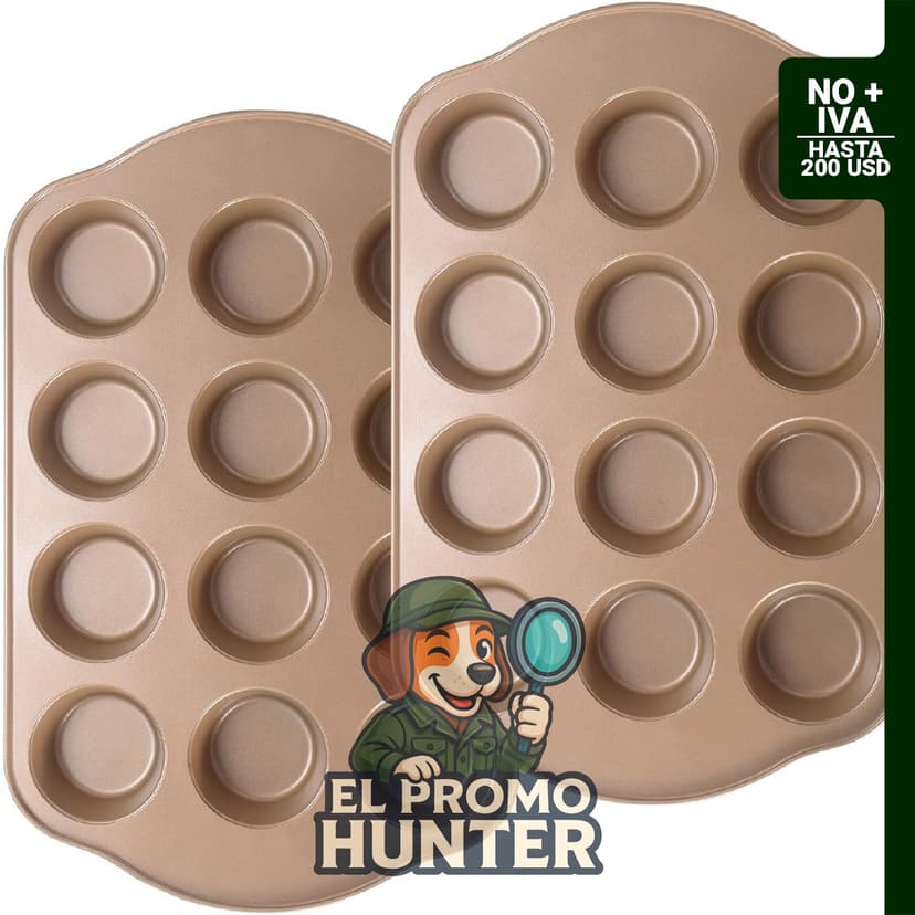 Juego de 2 moldes antiadherentes para magdalenas, 12 tazas, apto para horno hasta 430°F (221°C).