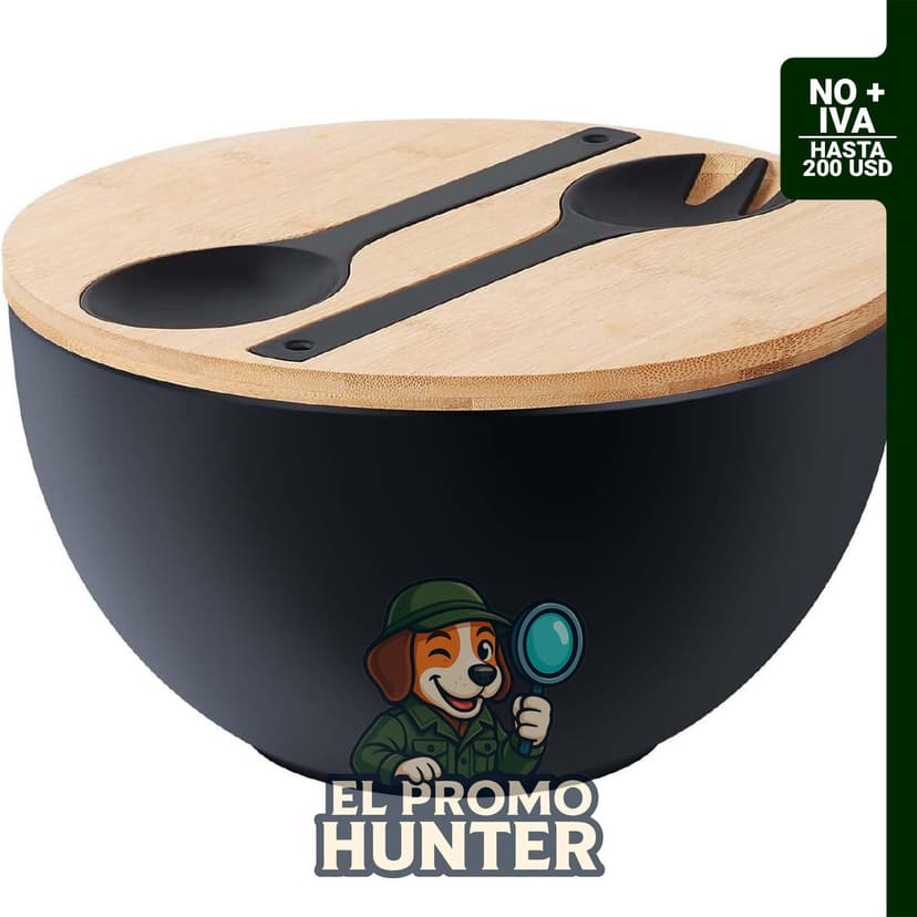Tazón grande de ensalada ECOHAGOU de 10" (25.4 cm) con utensilios en la tapa, ideal para mezclar y servir.