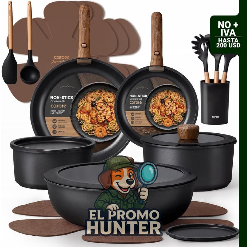 CAROTE juego de 19 piezas de ollas y sartenes antiadherentes, apto para inducción y horno.