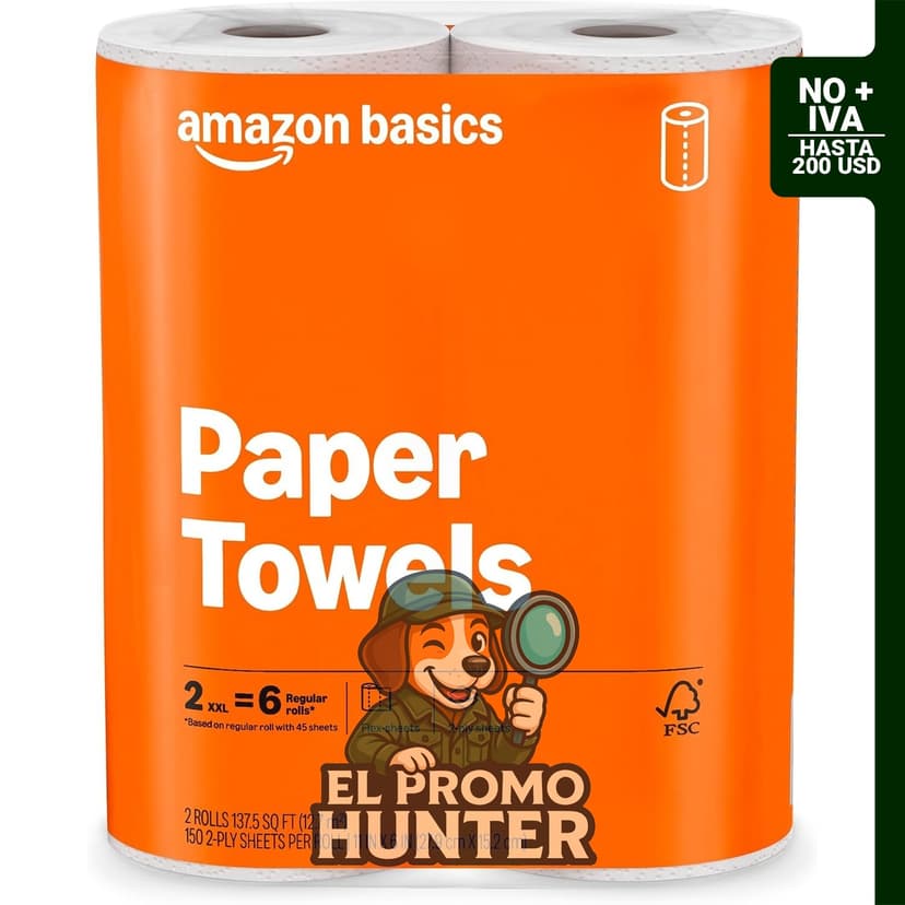 Amazon Basics Toallas de papel Flex-Sheets de 2 capas, 2 rollos (equivalente a 6 rollos regulares), 150 hojas por rollo.