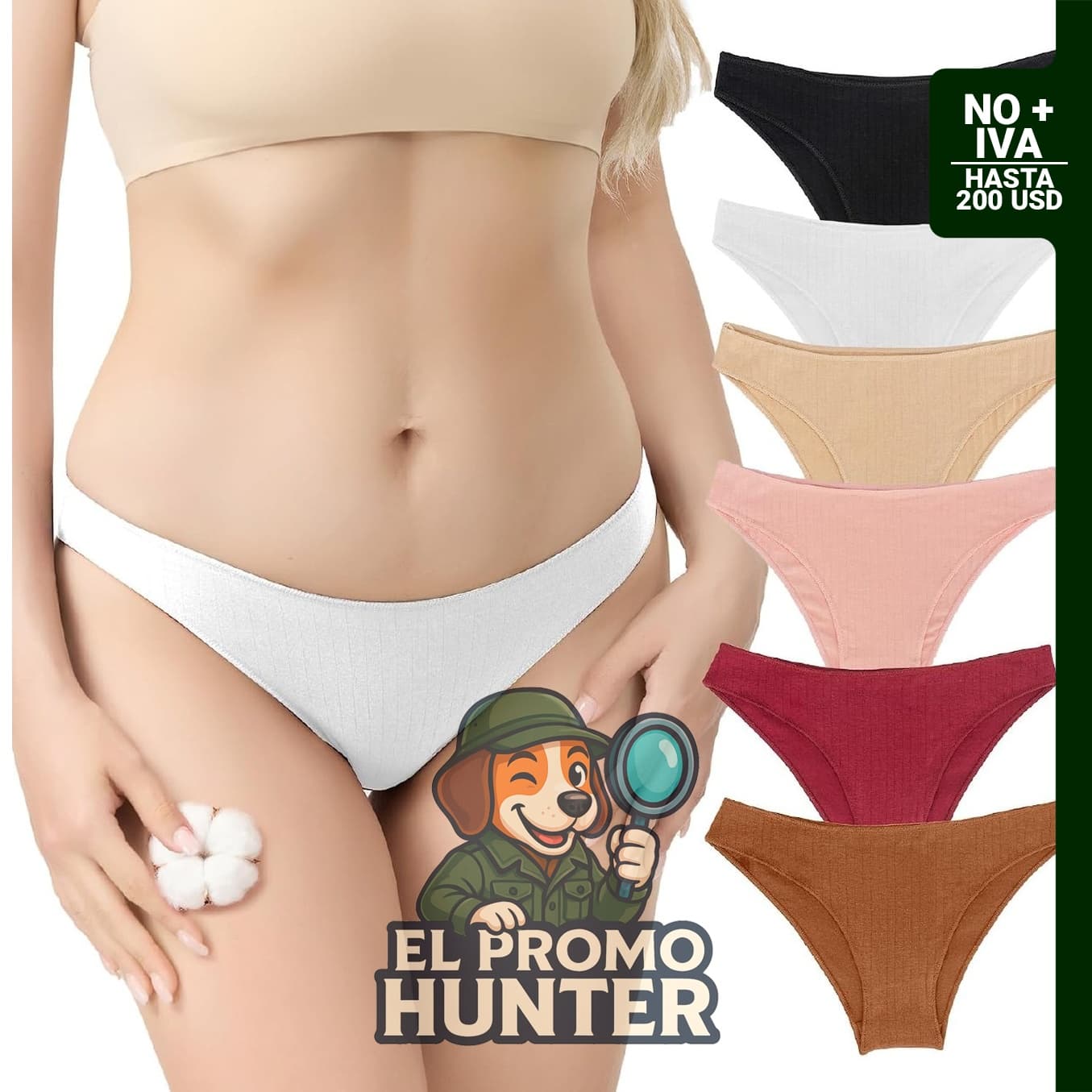 Paquete de 6 bragas de algodón para mujer, bikini elástico de tiro bajo.