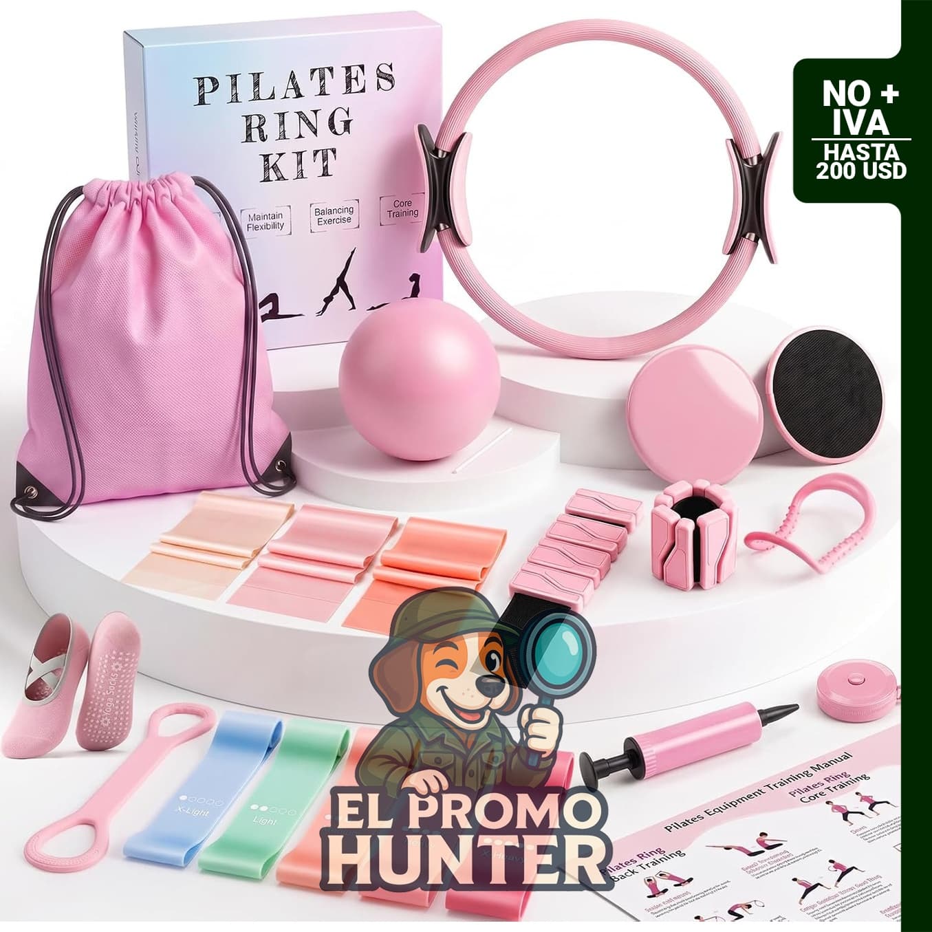 Kit de pilates de 24 piezas para mujer, incluye anillo de 14.5" (37 cm), bola, pesas de tobillo, bandas y deslizador.