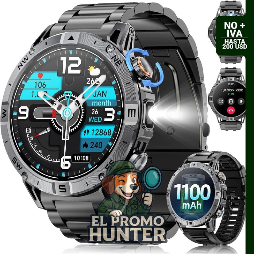 Reloj inteligente militar para hombres con batería de 1100 mAh y pantalla HD de 1.7".