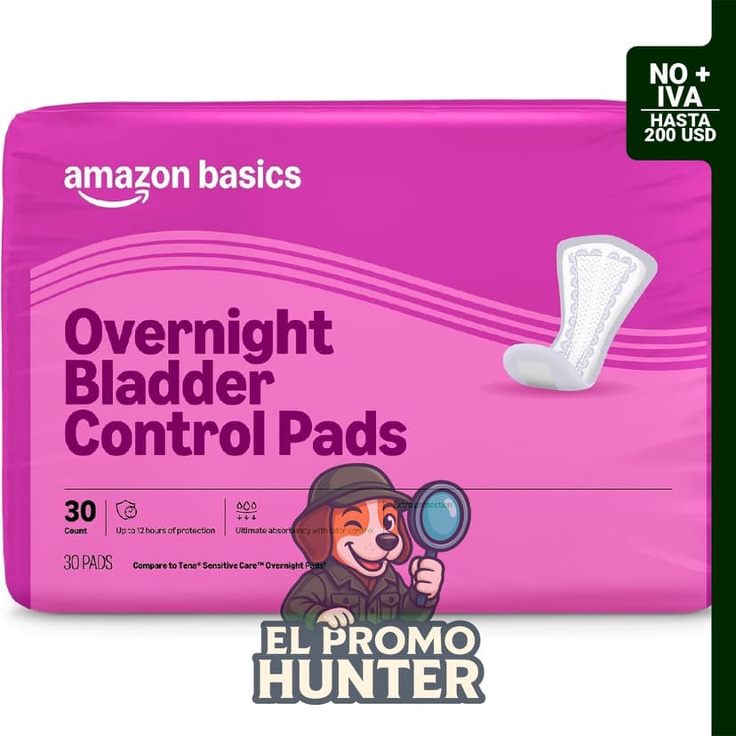 Amazon Basics Almohadillas de incontinencia para mujer, 30 unidades, sin perfume, absorción nocturna.