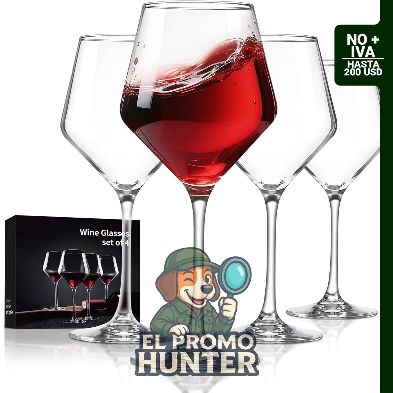 Juego de 4 copas de vino de cristal sopladas a mano, capacidad de 16 oz (473 ml).