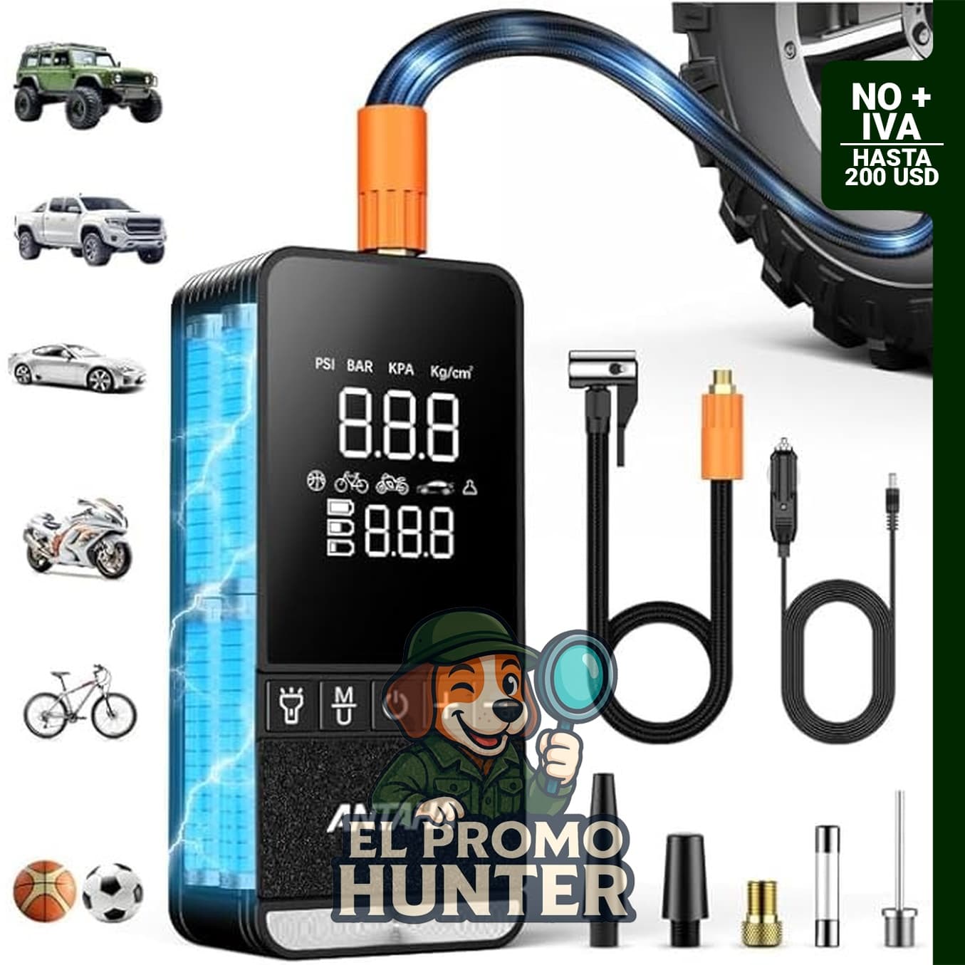Inflador de neumáticos Antaha, compresor de aire portátil inalámbrico de 150 PSI con luz LED y apagado automático.