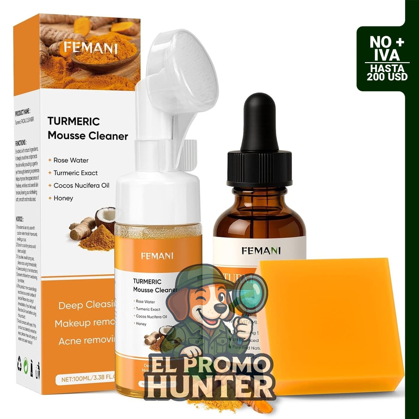 Set de lavado facial de cúrcuma con limpiador, jabón en barra y aceite para rostro y cuerpo.