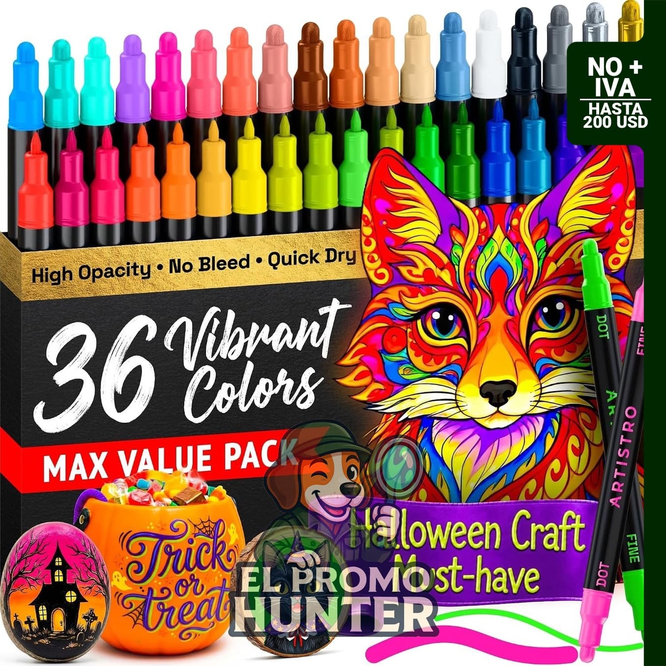 ARTISTRO 36 rotuladores de pintura acrílica multicolor de doble punta.