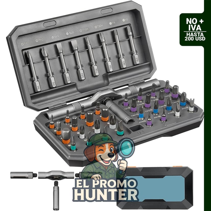 Juego de destornilladores magnéticos AegisTorq 42 en 1, incluye mango de trinquete desmontable.