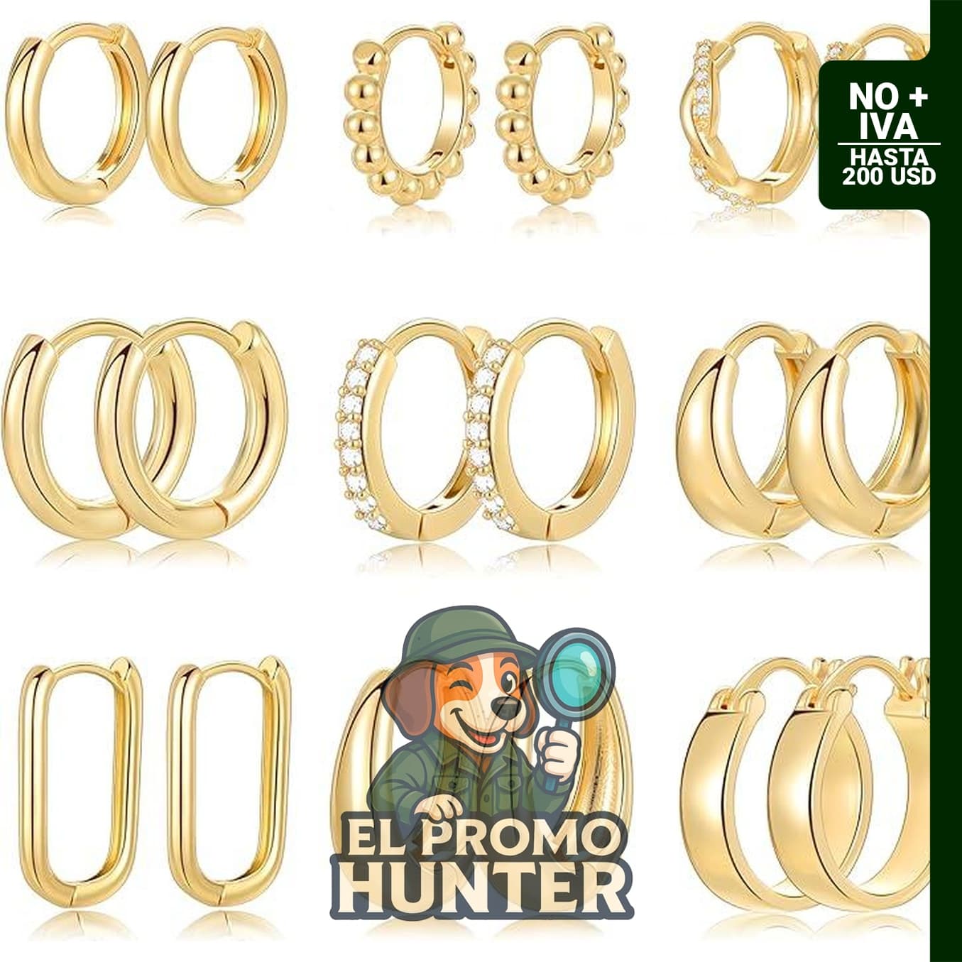 Juego de 9 pares de aretes pequeños tipo aro huggie de oro/plata, chapados en oro de 14K, hipoalergénicos.