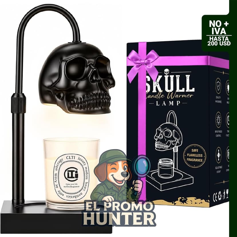 Lámpara calentadora de velas de calavera gótica con temporizador y regulador, altura ajustable.
