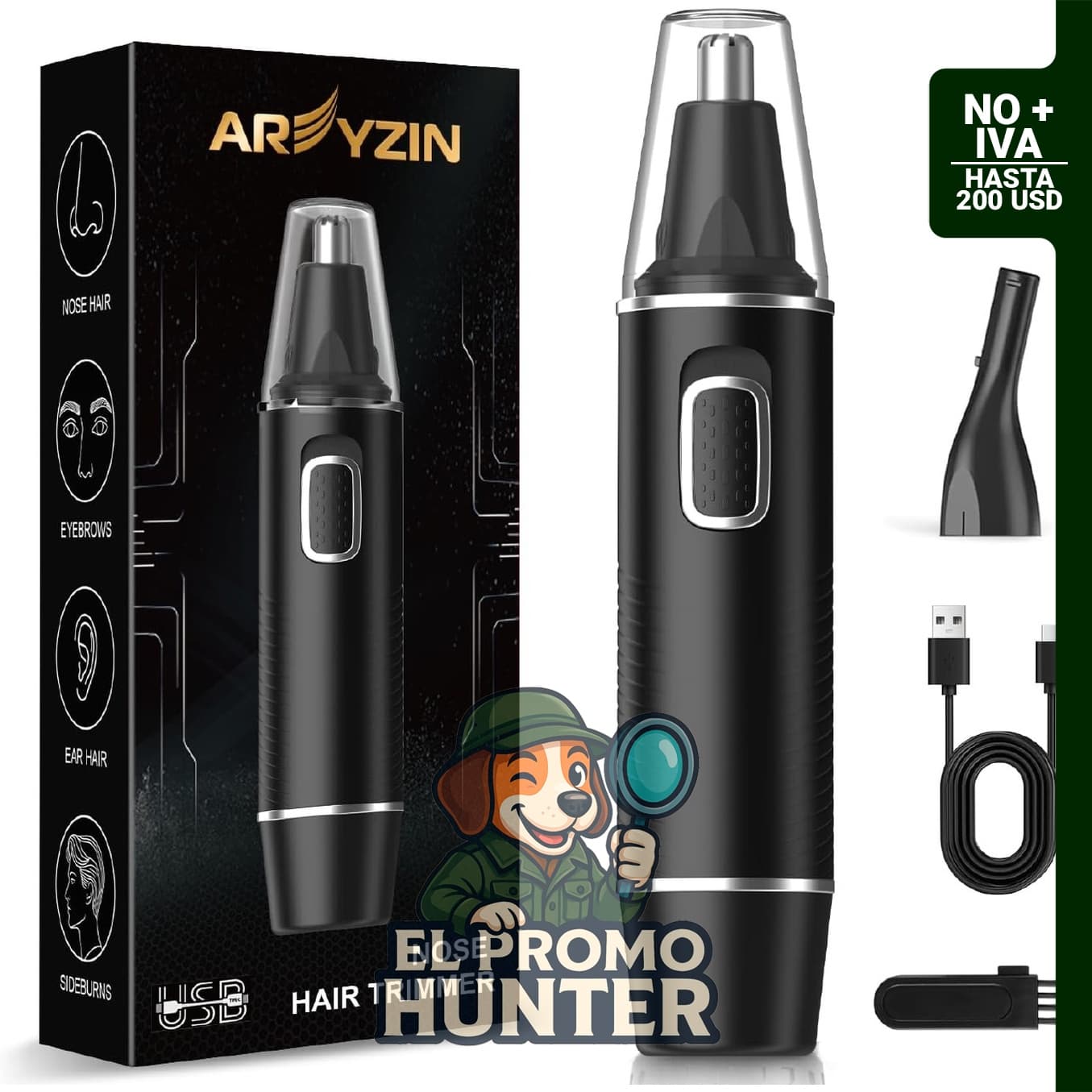 AREYZIN Recortadora de pelo de nariz y orejas, recargable, 2 en 1, cuchillas de doble borde impermeables.