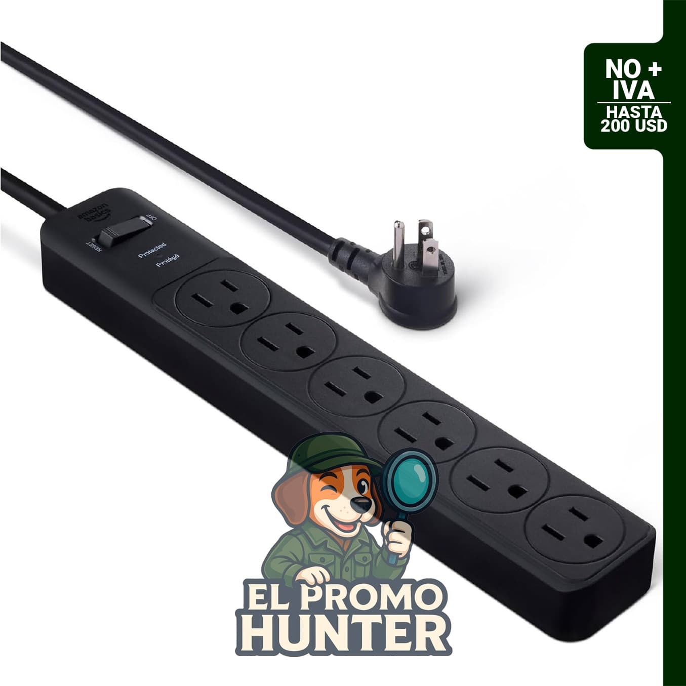 Amazon Basics Regleta de protección contra sobretensiones, 6 tomas, 790 julios, cable de 1.83 m, color negro.