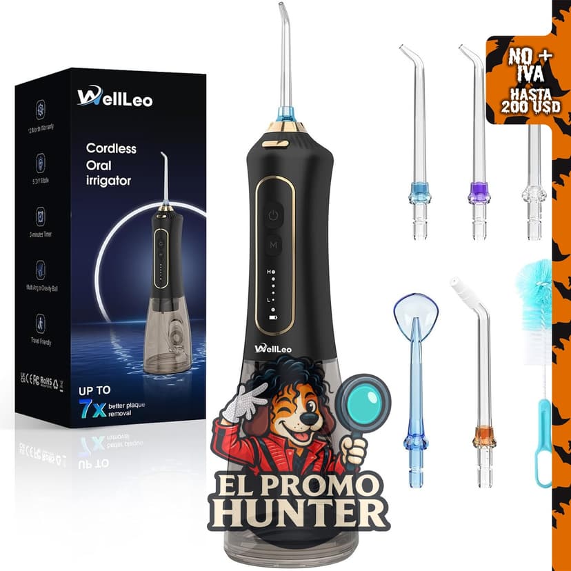 WellLeo irrigador oral inalámbrico recargable de 300 ml, con 5 modos y 5 puntas de chorro.