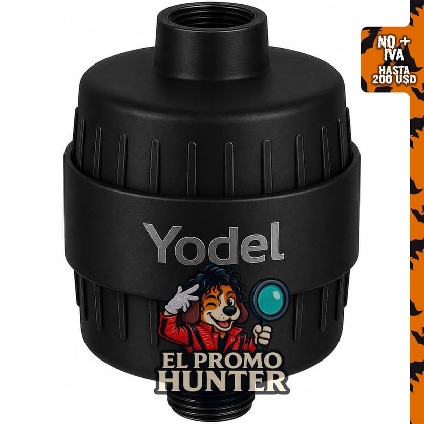 Filtro de ducha Yodel negro mate, diseñado para suavizar agua dura y eliminar cloro y flúor.