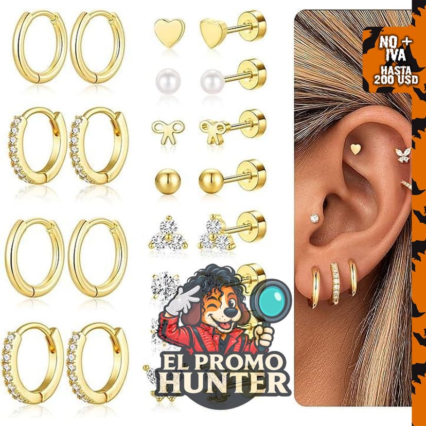 Pendientes aros dorados Turandoss, 12 pares para mujer.