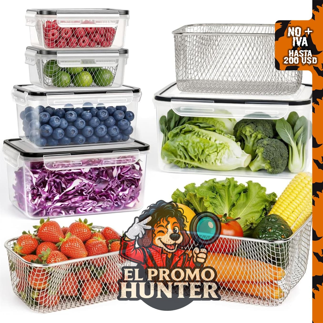 Contenedores grandes para almacenamiento de frutas en refrigerador, set de 5 piezas.