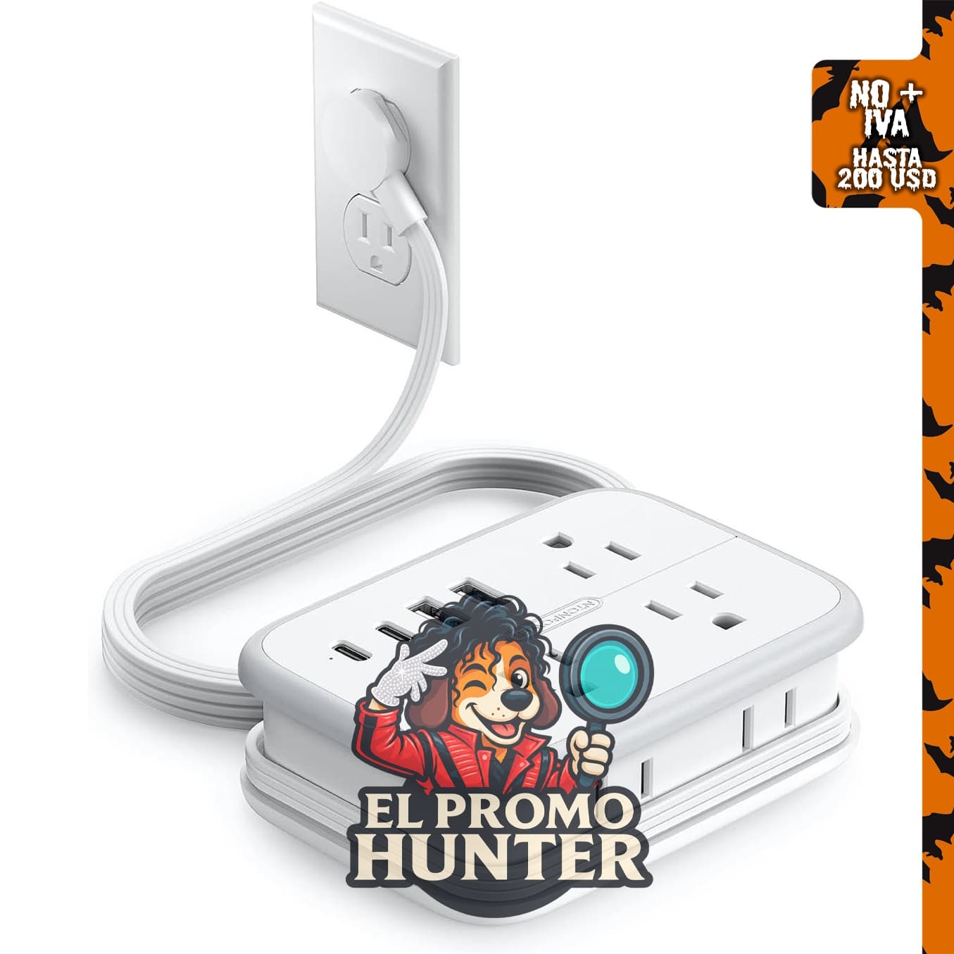 NTONPOWER Regleta de enchufes de viaje con 6 tomas de corriente y 4 puertos USB (2 USB C), cable de 1.2 m.