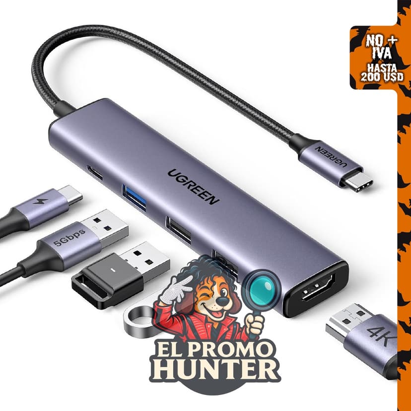 UGREEN Adaptador multipuerto USB C 5 en 1 Revodok 105 con 4K HDMI, 100 W de entrega de energía y 3 puertos USB-A.