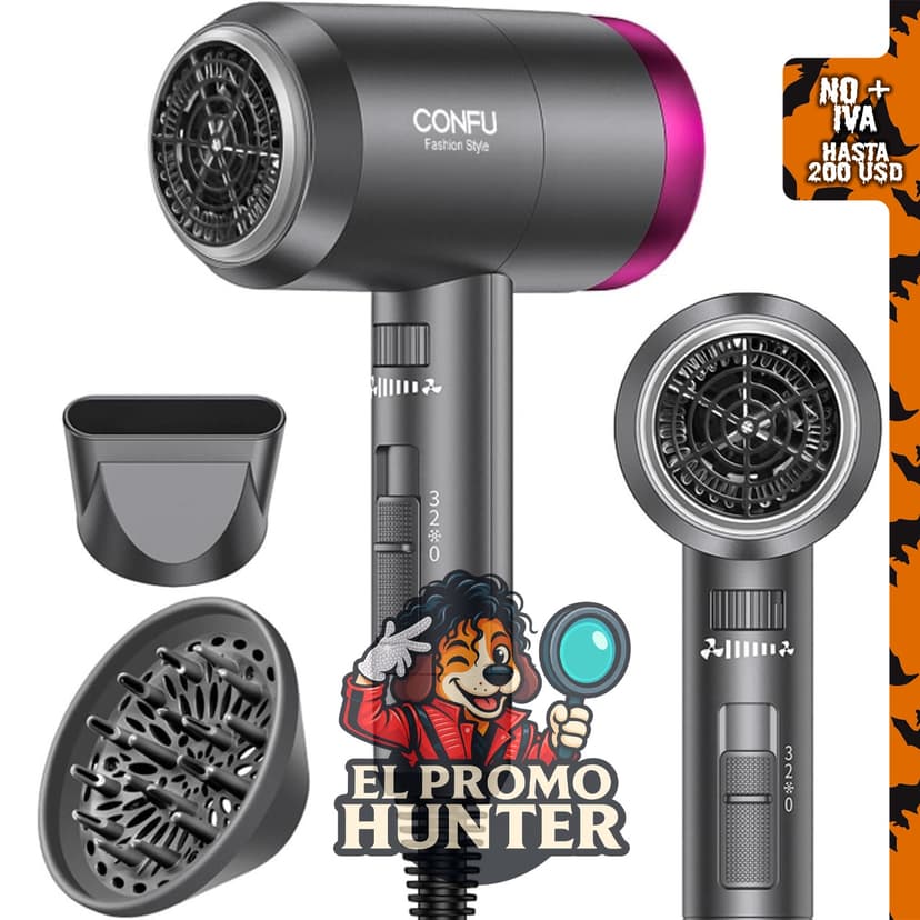 CONFU Secador de pelo iónico de 1600 W, portátil y ligero, con 3 ajustes de calor y velocidad.
