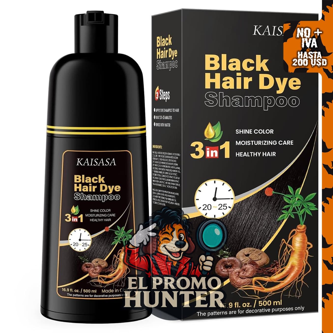 IIIMEIDU Champú para teñir el cabello gris, tinte natural negro, 500 ml.