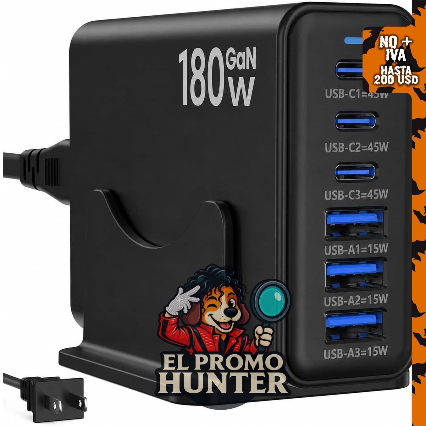 Estación de carga USB de 180W, bloque de cargador de 6 puertos con 45W PD.