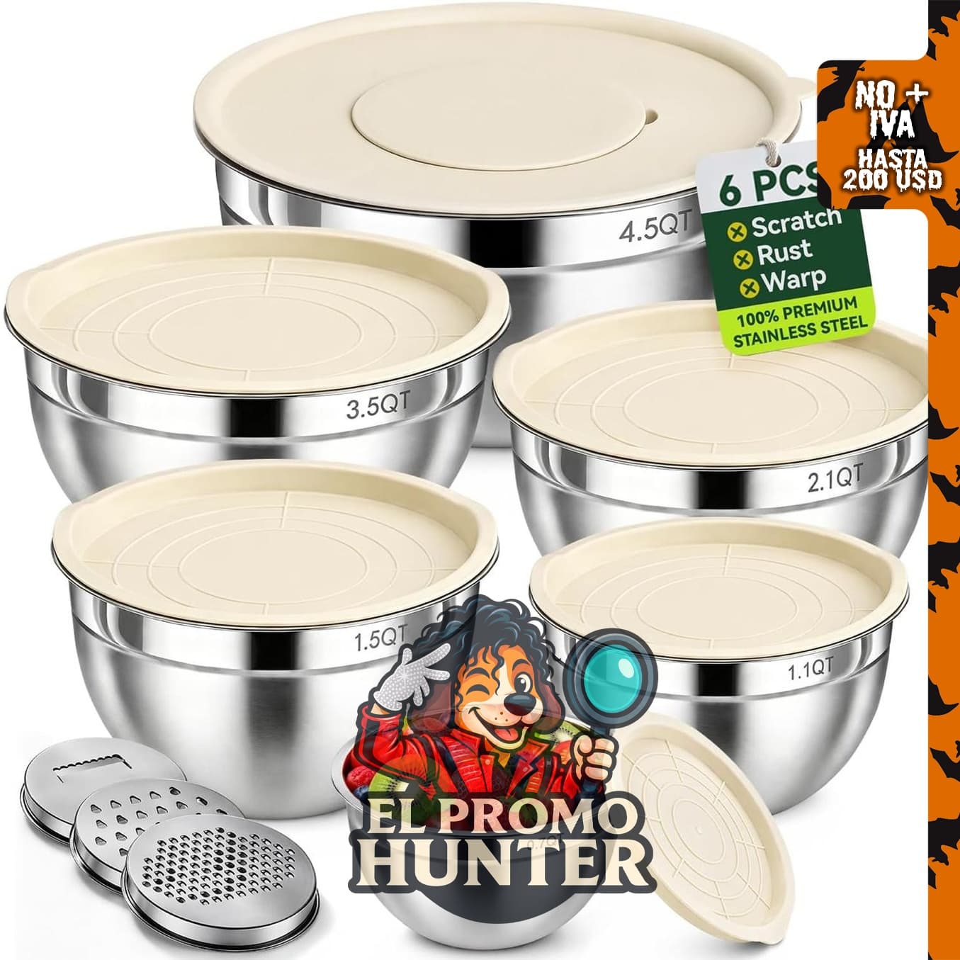 Juego de tazones para mezclar de acero inoxidable, ideal para preparación de alimentos.