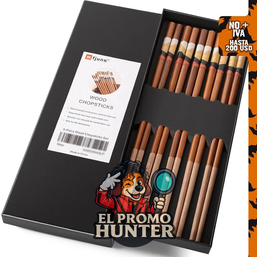 MFJUNS Palillos de madera natural, 5 pares, reutilizables.
