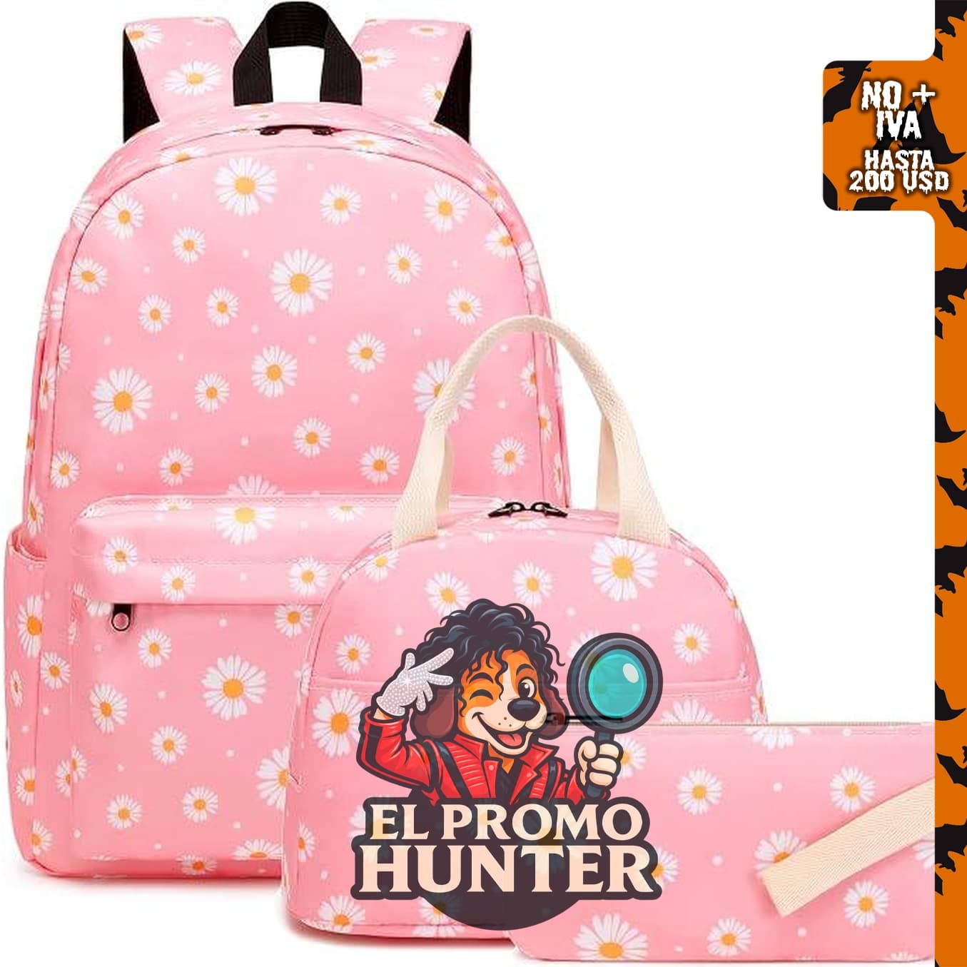 Mochila escolar Kouxunt 3 en 1 con bolsa de almuerzo y estuche para lápices, diseño Margarita rosa.