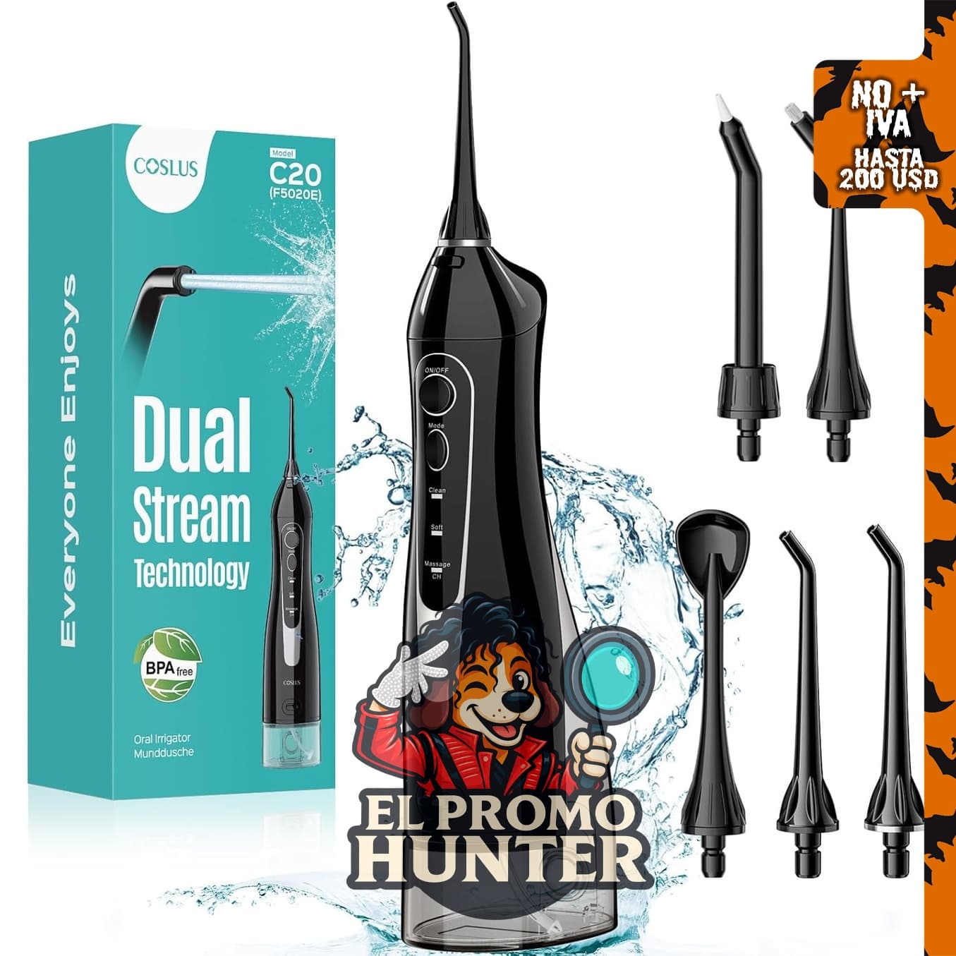 COSLUS Hilo Dental de Agua, irrigador oral portátil inalámbrico de 300 ml, recargable y resistente al agua IPX7.