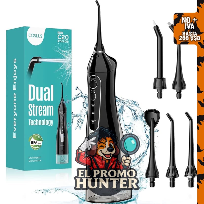COSLUS Hilo Dental de Agua, irrigador oral portátil inalámbrico de 300 ml, recargable y resistente al agua IPX7.