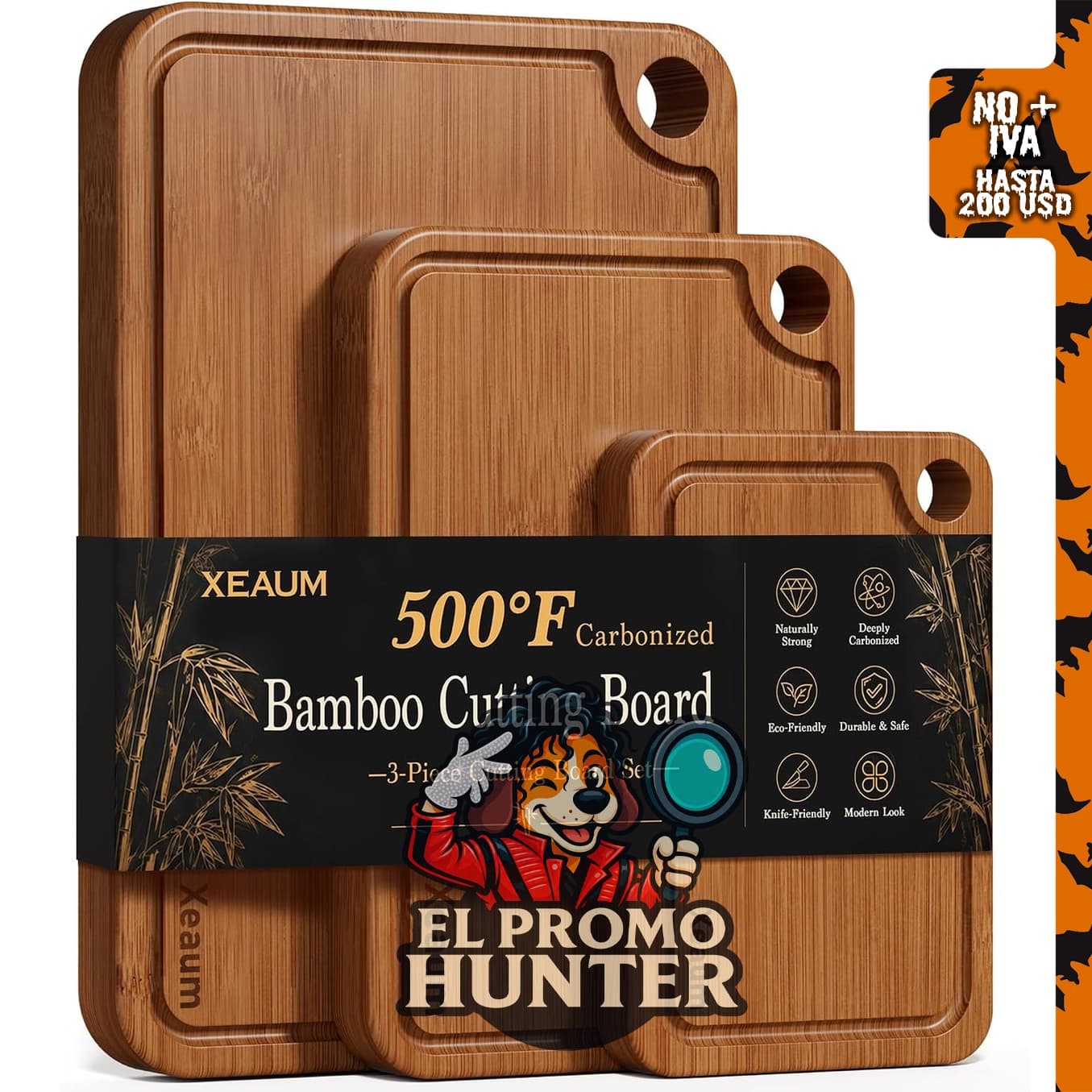 Tabla de cortar de bambú, set de 3 piezas para cocina.