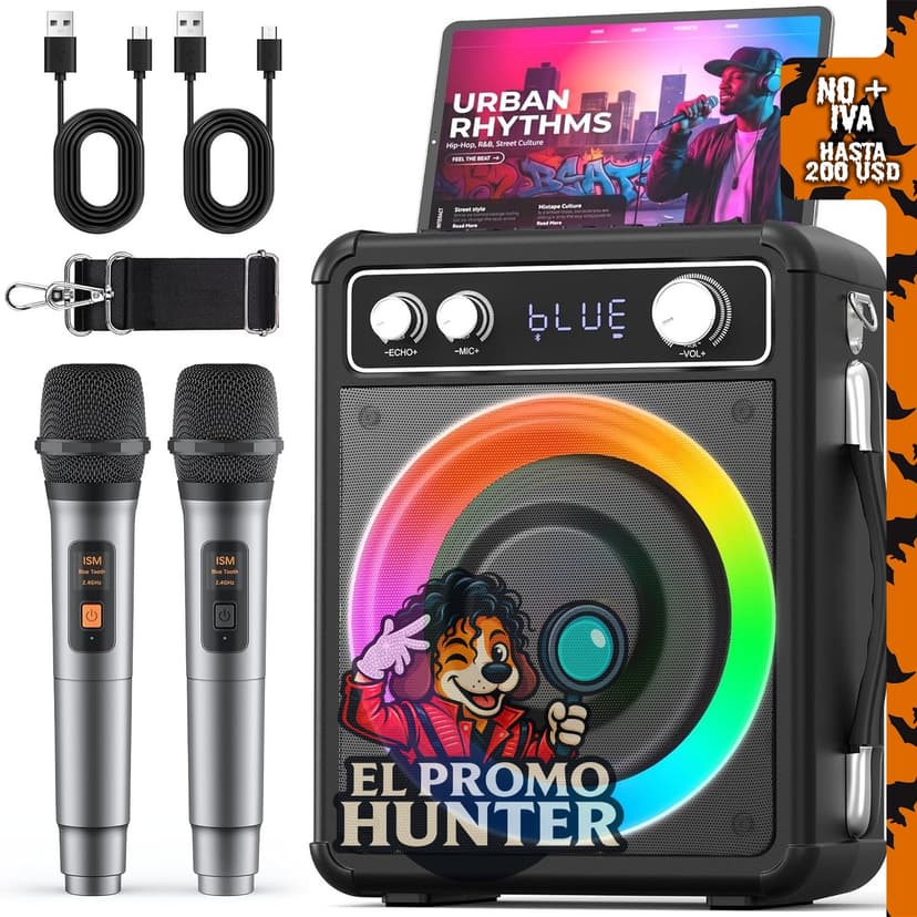 VOSOCO Máquina de karaoke, altavoz portátil Bluetooth con 2 micrófonos inalámbricos, sistema PA con luces LED.