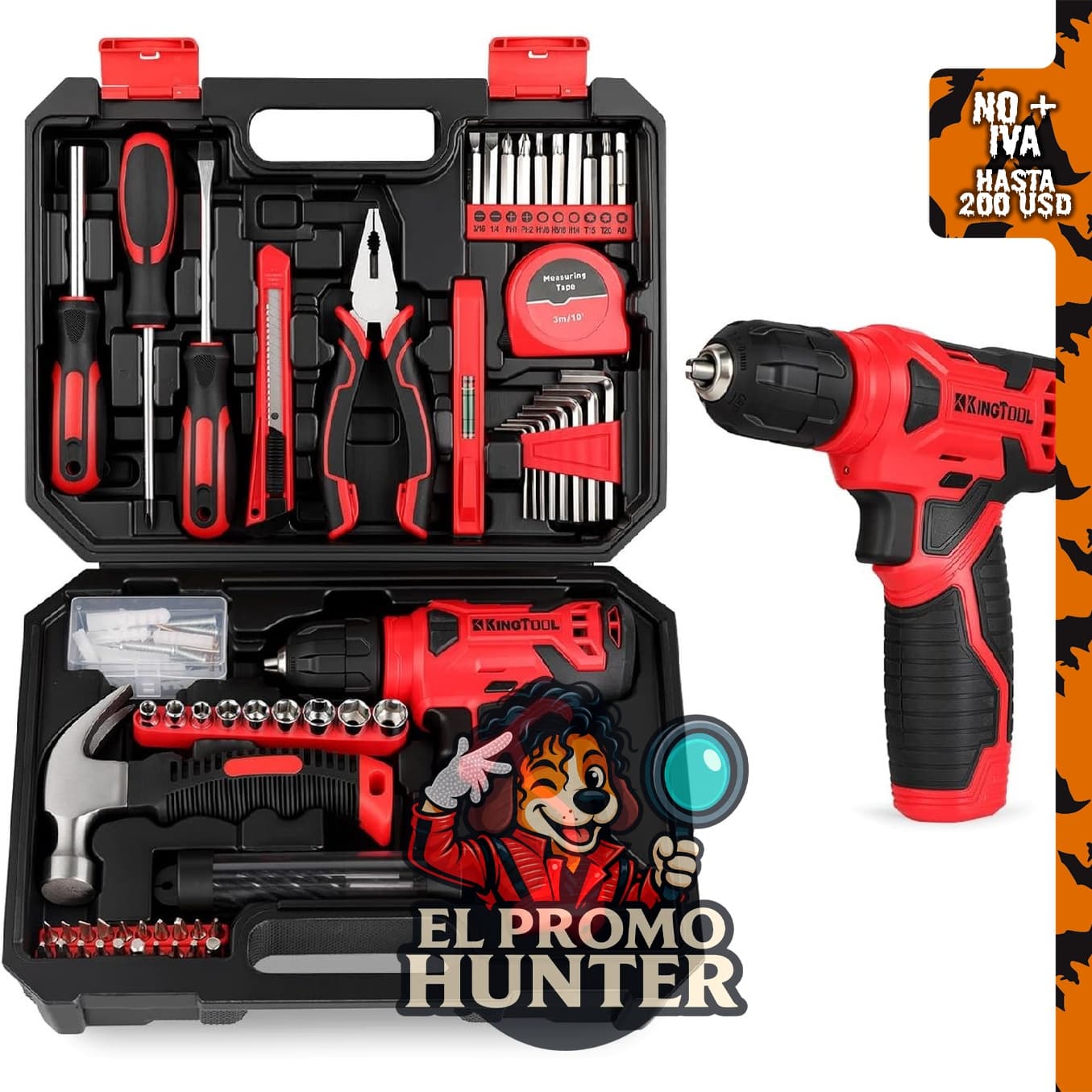 KingTool Kit de herramientas con taladro inalámbrico de 8 V.