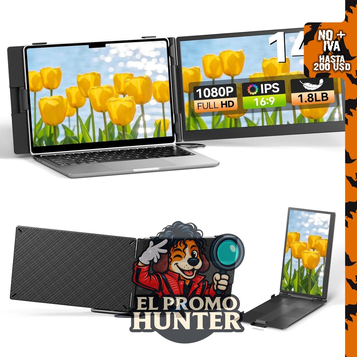 Extensor de pantalla portátil de 14" (35.56 cm) FHD 1080P, compatible con laptops de 13" a 17" (33 a 43 cm).