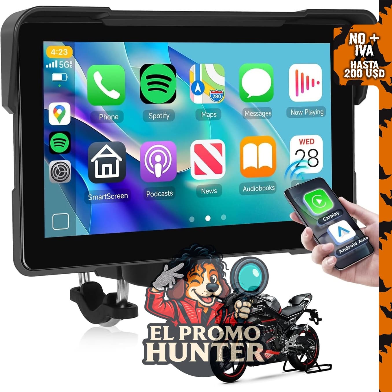 Sistema de navegación GPS inalámbrico de 7 pulgadas para motocicleta con CarPlay y Android Auto.