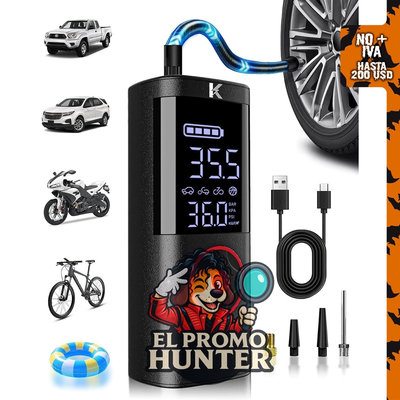 Compresor de aire portátil KASPARMP para inflar neumáticos de coche.