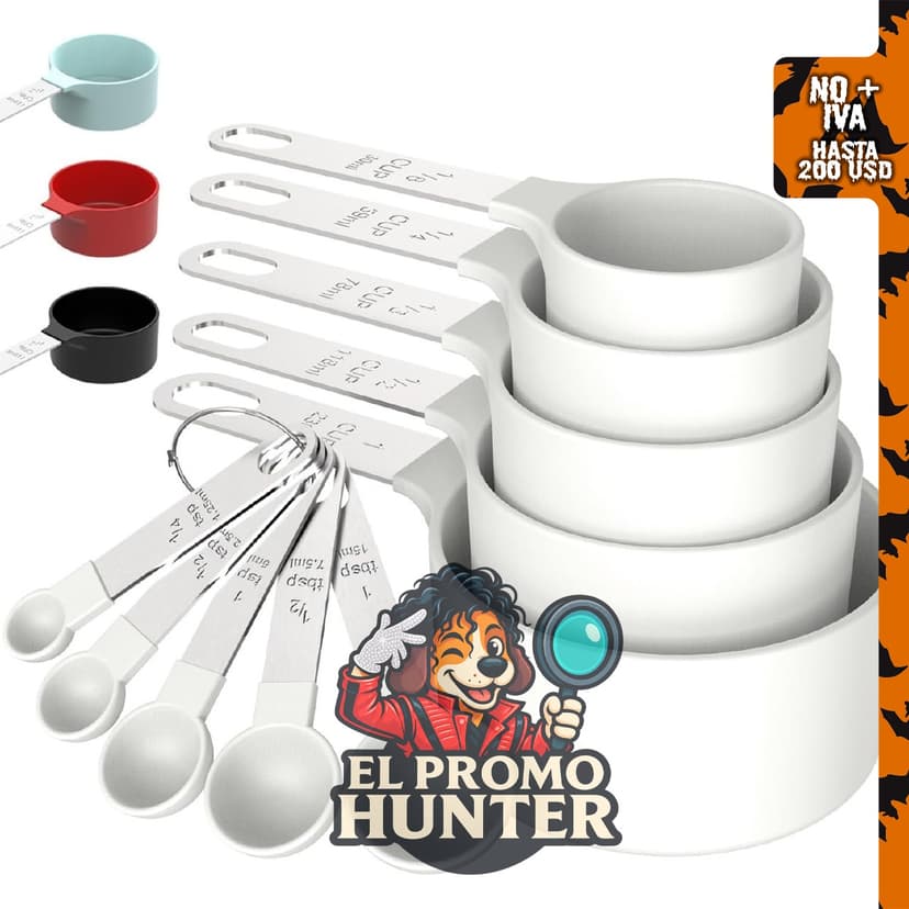 Juego de tazas y cucharas medidoras apilables.