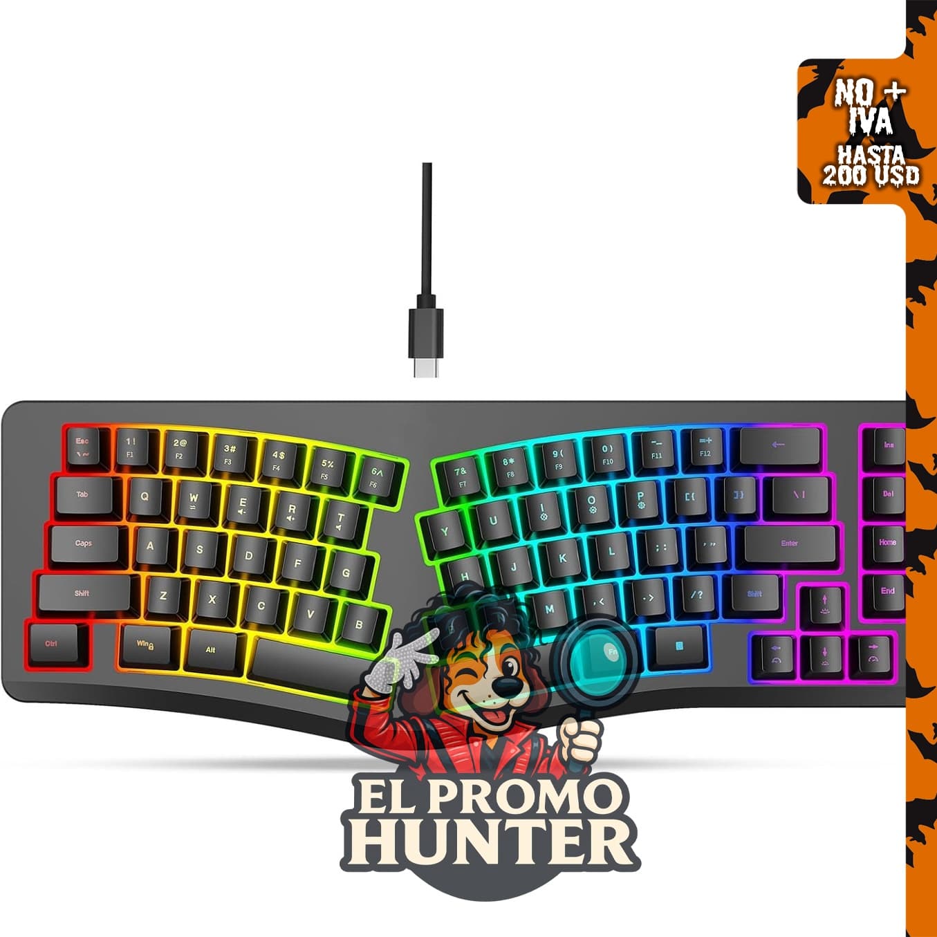 HXMJ Teclado ergonómico para juegos con cable, 69 teclas, retroiluminación RGB, cable USB desmontable.