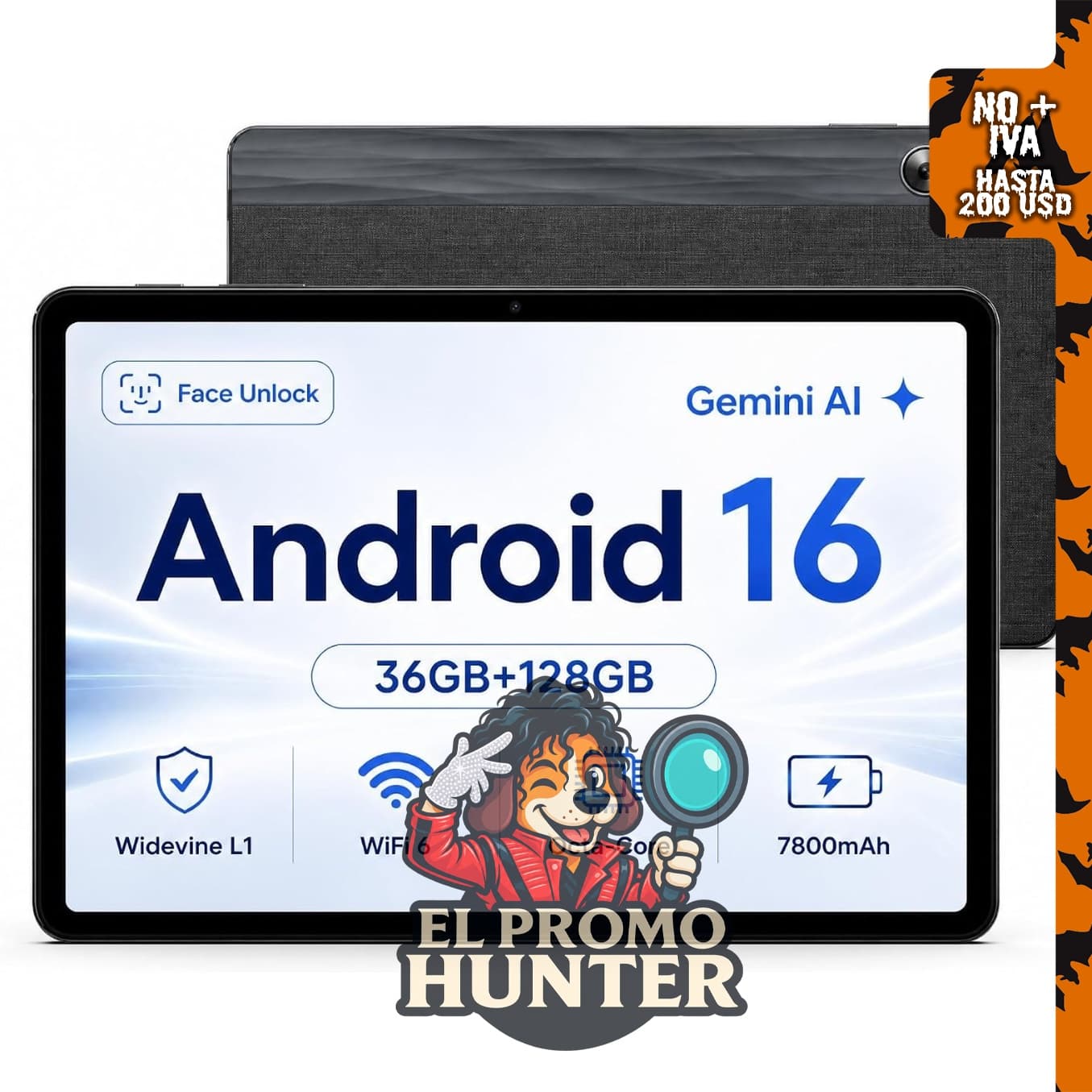 Tablet Android de 11" (28 cm) con procesador Octa-Core, 36GB RAM, 128GB almacenamiento, batería de 7800mAh, 1TB expandible.