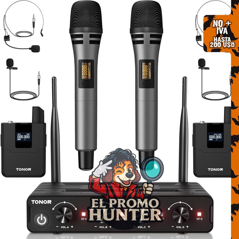 TONOR Sistema de Micrófono Inalámbrico, juego de 4 micrófonos de mano UHF con auriculares y micrófonos de solapa.
