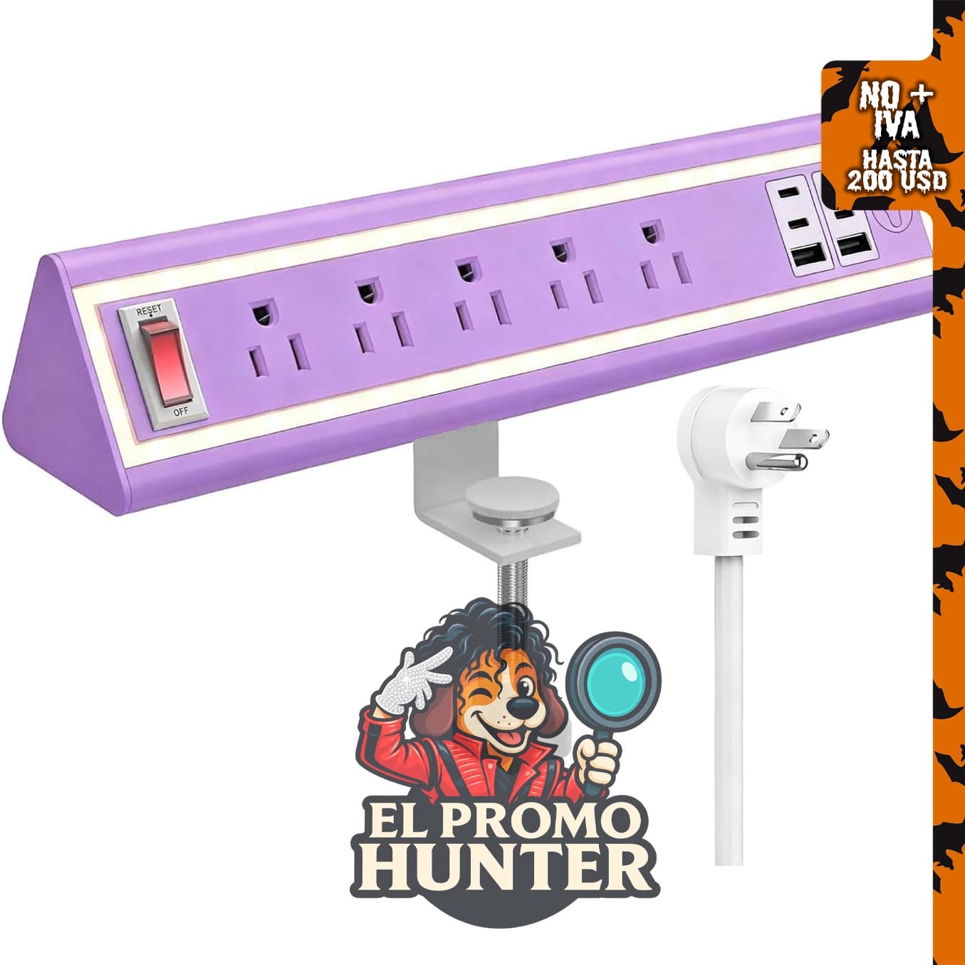 Regleta de alimentación con abrazadera de escritorio, 5 salidas de CA, 4 puertos USB (2 USB-C de 20 W cada uno).